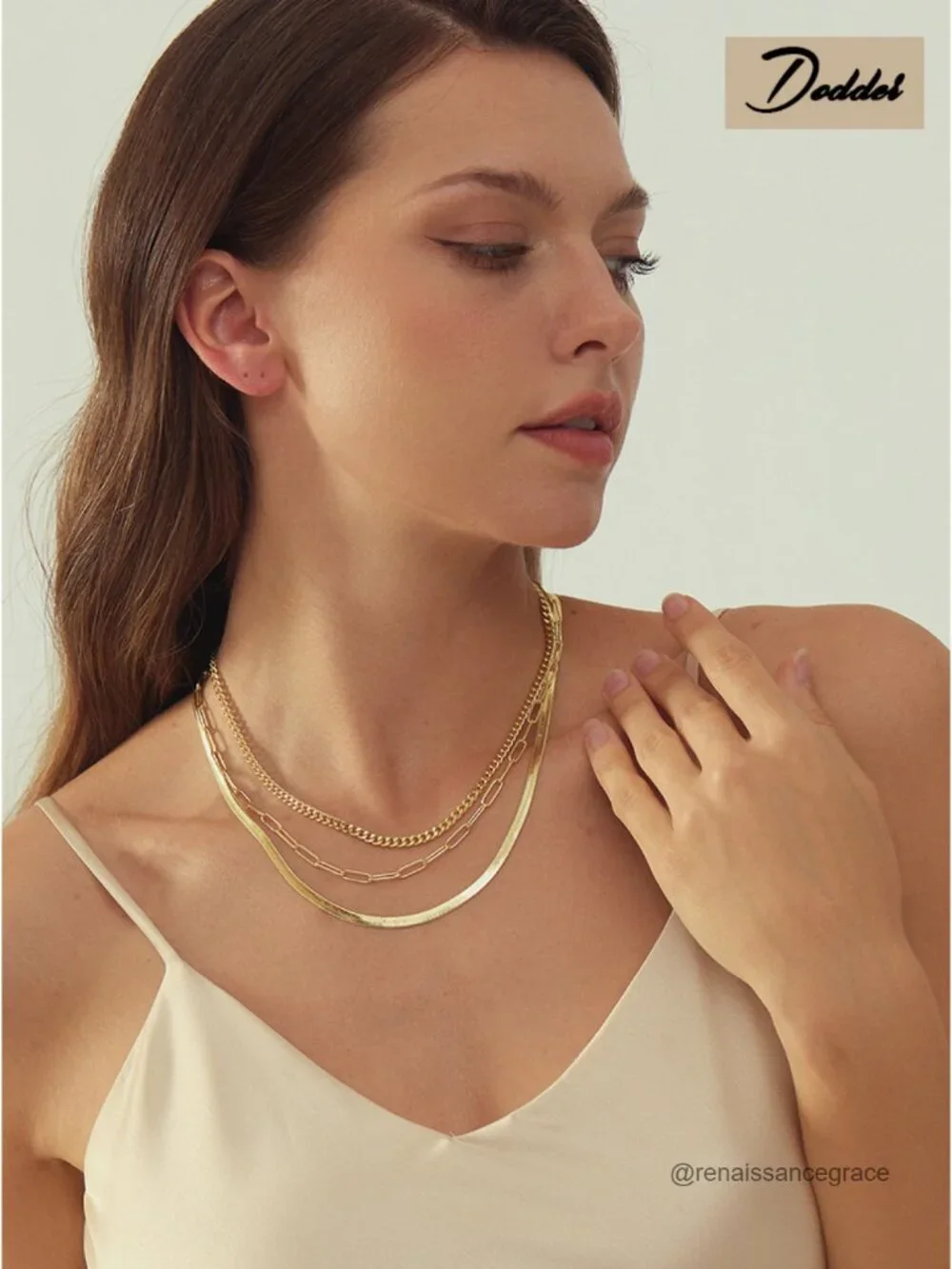 14K Gold Plated Layered Necklace Set for Women - Herringbone, Paperclip, Cuban